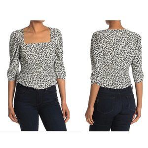 NWT ASTR the Label Button Front Ruched Floral Top L Square Neck Black/White